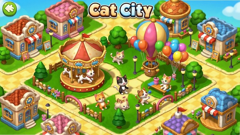 Cat City�����ô����Ϸ װ��ϵͳչʾ���棬����������һ�����þ�����è�乫԰������תľ����������Ͳ�ɫ����è������������ˣ����԰��Χ�����Ÿ�����Ϸ����������ɫ�����죬ϸ�ڷḻ��չ����Ϸ������װ���淨