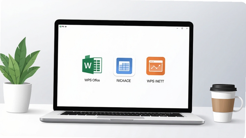 һ���ִ���Լ���İ칫�����廭������������һ̨�򿪵ıʼǱ����ԣ���Ļ��������ʾWPS Office���������棬�������֡�������ʾ����ͼ�꣬����Ϊǳ��ɫ���䣬������ֲ�Ϳ��ȱ�������ɫ���������£�ͻ����Ч�칫��Χ