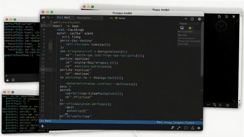 Perl ��������ڵ�����Ļ�ϵĴ���༭�����棬��Ļ������ʾPerl���룬����Ϊ��ɫ����༭������Χ�д��ں������й��ߣ����廭������רҵ��ͻ��Perl���ı���������������Booguģ������