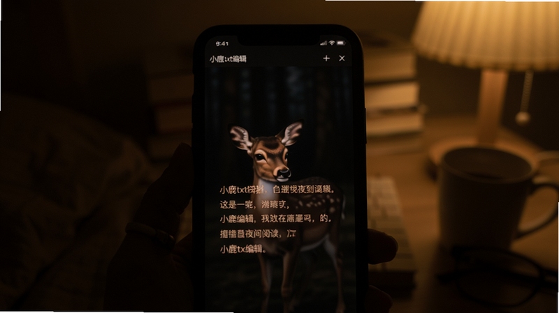 小鹿txt编辑夜间模式阅读效果图,手机屏幕显示深色背景和暖色文字,界面柔和,周围环境昏暗,突出护眼与沉浸感,软件名称“小鹿txt编辑”在屏幕顶部显示
