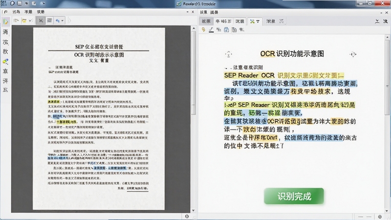 SEP Reader OCRʶ����ʾ��ͼ�����Ϊһҳ���б�������ĵ�ֽ�ʹ���ɨ������Ҳ�Ϊ����ʶ����Ŀɸ����ı���������ָ�����ʾ�������С�ʶ����ɡ���״̬��ʾ������Ϊ�������棬���дʵ������