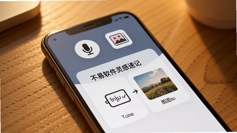 不易软件灵感速记功能界面,展示语音输入与图片添加选项,手机屏幕上方有麦克风图标和相册图标,背景为木质桌面,光线温馨,突出便捷与多模态记录特性。