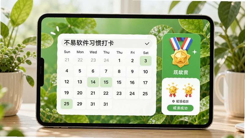 不易软件习惯打卡页面,展示连续打卡日历与成就勋章,背景为清新的绿色植物,界面色彩明亮,突出积极向上的生活态度。