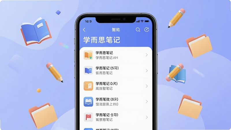 一张学而思笔记APP的官方宣传主视觉图,画面中央是一部智能手机,屏幕显示学而思笔记的首页列表界面,背景是柔和的渐变蓝紫色,周围漂浮着书本、铅笔、文件夹等学习元素图标,整体风格现代简约,色彩明快,突出高效、智能的学习氛围,图片比例为16:9。