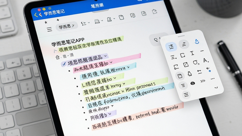 展示学而思笔记APP的编辑界面特写,屏幕上呈现一个包含多级标题、项目符号列表和彩色高亮标记的笔记文档,右侧悬浮着格式调整工具栏,界面干净整洁,字体清晰,背景为浅灰色工作台,突显结构化笔记的条理性与专业性。