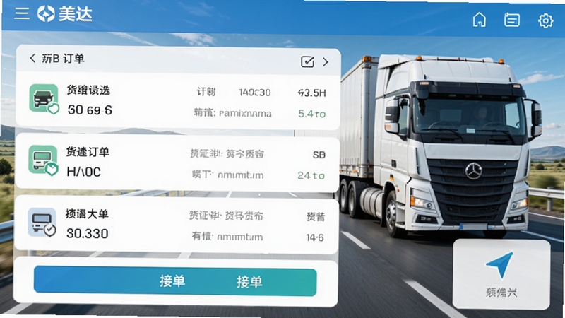 美达司机端主界面预览图,展示货运订单列表、接单按钮和导航入口,背景为公路与货车元素,画面清晰明亮,突出软件实用性与专业性
