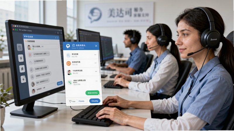 美达司机端客服支持界面预览图,显示在线聊天窗口和常见问题列表,背景为客服团队工作场景,突出贴心服务与快速响应特点