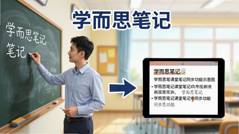学而思笔记课堂笔记同步功能示意图,画面左侧是老师在黑板书写,右侧是平板电脑上显示同步后的笔记内容,中间有箭头连接,背景为教室环境,色彩明亮,突出“学而思笔记”字样,风格写实清晰