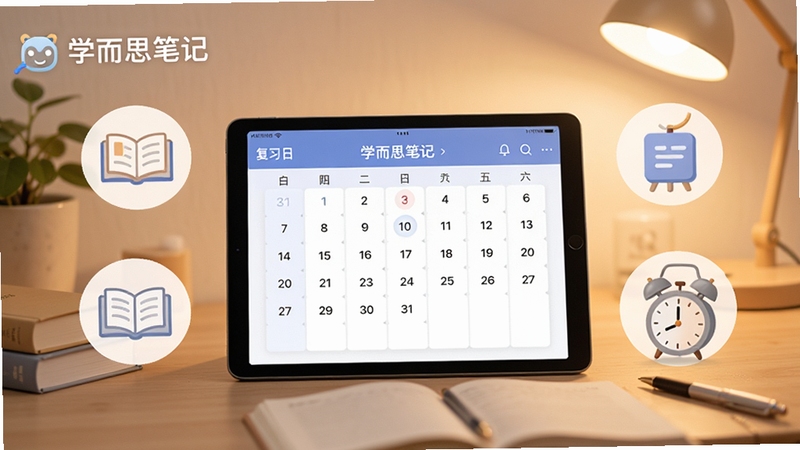 学而思笔记复习提醒功能示意图,画面中央是平板电脑显示复习日历,周围有书本和闹钟图标,背景为温馨的书桌环境,整体色调柔和,突出“学而思笔记”标识,风格简洁,适合教育类软件展示