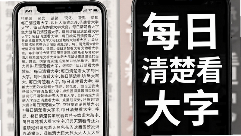 每日清楚看大字功能展示图,手机屏幕被划分为左右两部分,左侧显示默认小字密密麻麻,右侧显示放大后的超大字体,文字内容为“每日清楚看大字”,背景一明一暗,对比强烈,突出放大效果,画面干净,色彩柔和,产品渲染风格