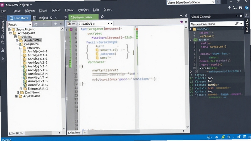 AnkhSVN 软件主界面,左侧为项目文件树,右侧显示版本控制操作面板,Visual Studio 风格,蓝色调,背景为代码编辑窗口,画面清晰,细节丰富
