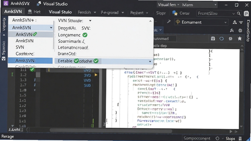 AnkhSVN 与 Visual Studio 集成界面,菜单栏突出显示SVN命令,代码文件带绿色对勾状态图标,VS 深色主题,编辑器背景,细节清晰