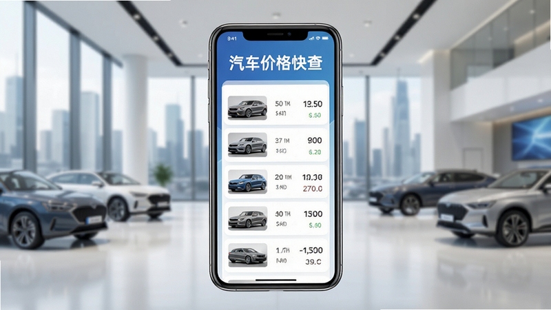 汽车价格快查主界面展示,手机屏幕中央显示车型价格列表,背景为现代化城市展厅,画面明亮清晰,突出软件名称汽车价格快查,整体风格简洁商务,适配Boogu模型生成