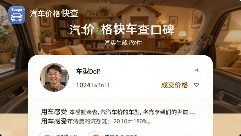 汽车价格快查车主口碑界面,显示车主头像、车型、成交价格、用车感受文字,背景为温馨的社区风格,突出真实感,包含汽车价格快查软件名称,适合Boogu模型生成