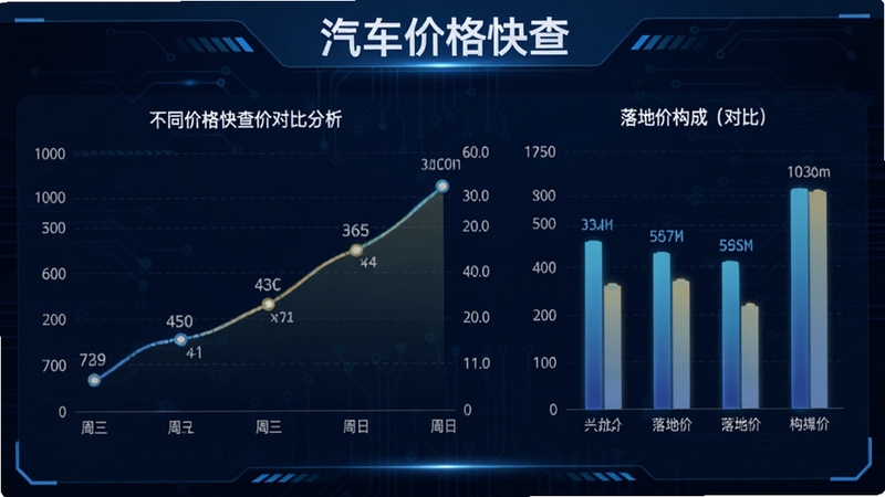 汽车价格快查价格对比分析图表,折线图展示不同车型价格走势,柱状图对比落地价构成,背景为深蓝色科技感界面,标注汽车价格快查字样,适合Boogu模型生成