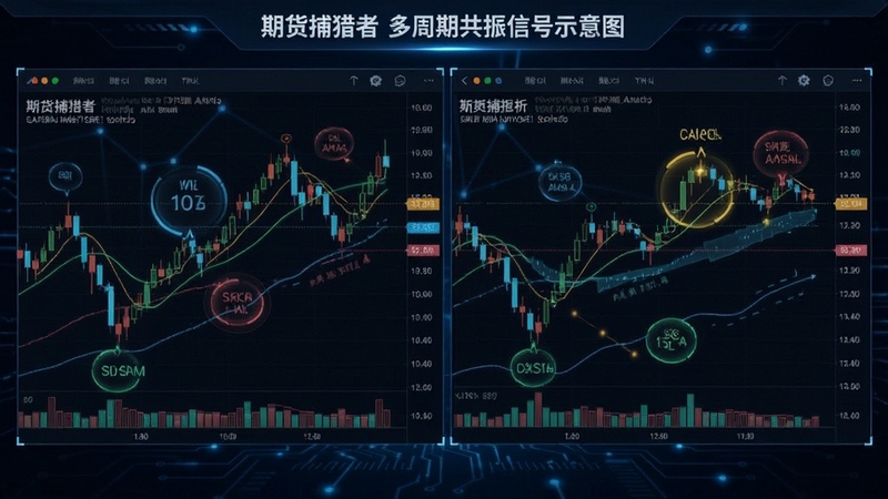 期货捕猎者多周期共振信号示意图,展示不同时间周期K线图与信号标记,界面分屏显示,数据联动,整体风格现代科技感,突出多周期分析功能