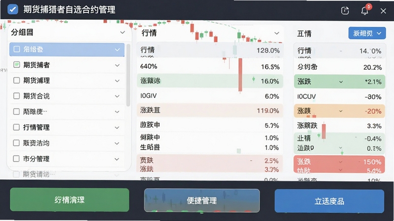 期货捕猎者自选合约管理界面截图,展示分组列表、行情数据、涨跌颜色标记,界面清爽,操作按钮醒目,体现便捷管理功能