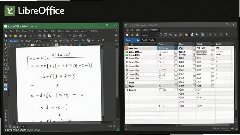 һ��չʾLibreOffice Math��ʽ�༭����Base���ݿ�������Ͻ�ͼ�����Ϊ��ʽ�༭���ڣ��Ҳ�Ϊ���ݱ���ͼ������Ϊ��ɫ���⣬�������࣬����LibreOffice�ٷ�Logo��չʾ������רҵ�����Ӧ��