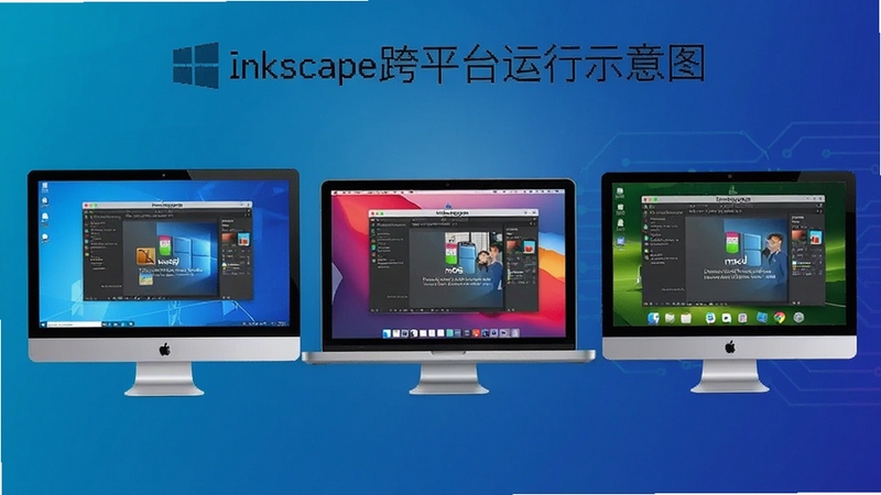 Inkscape跨平台运行示意图,展示Windows、macOS、Linux三种设备屏幕中同时运行Inkscape软件界面,背景为渐变科技蓝