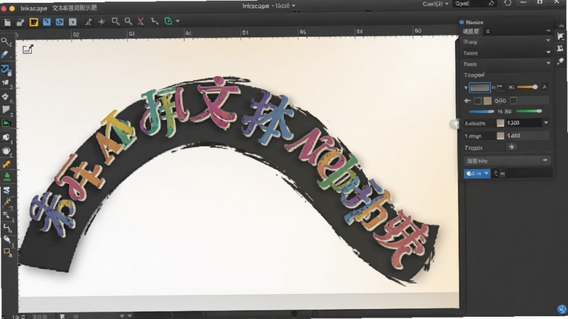 Inkscape文本排版功能示意,画布中展示沿曲线路径排列的彩色艺术字,字符间距调整面板可见,背景为渐变底色