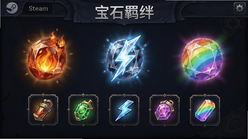 宝石羁绊(steam移植)道具展示图,画面中整齐排列着五种不同颜色的特殊宝石,包括烈焰宝石、闪电宝石和彩虹宝石,每个宝石都有发光效果,下方有对应的道具图标,背景是深色的游戏界面,光线柔和,突出宝石的质感与道具的多样性