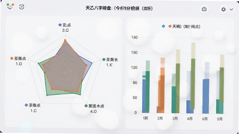 天乙八字排盘五行分析图表界面,展示精美的雷达图或柱状图,五种元素用不同颜色区分,界面背景干净,有柔和的光影效果,突出数据可视化的现代感与易读性,应用截图风格
