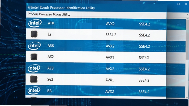 Intel英特尔Processor Identification Utility工具处理器指令集检测结果界面,以列表形式展示AVX2、SSE4.2等指令集图标,界面配色以蓝白为主,清晰易读,背景为抽象的数据流线条。