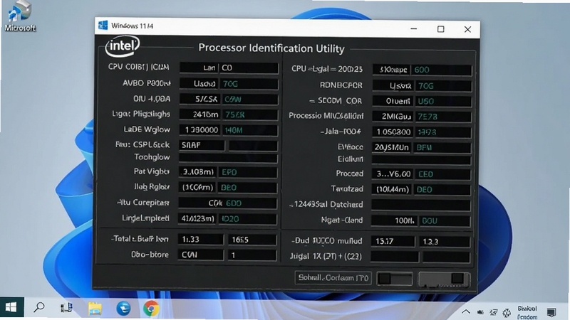 一张关于Intel英特尔Processor Identification Utility工具运行在Windows 11系统上的截图,窗口显示完整的CPU规格,桌面背景为微软默认壁纸,整体画面写实,光线自然。