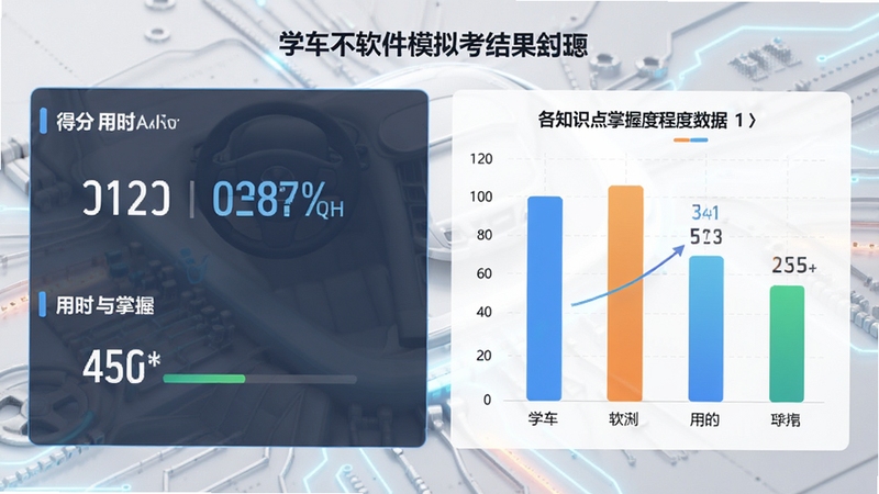 学车不软件模拟考试结果分析页面截图预览,左侧展示得分与用时数据,右侧以柱状图显示各知识点掌握程度,背景为淡灰色科技感纹理,整体色调简洁专业