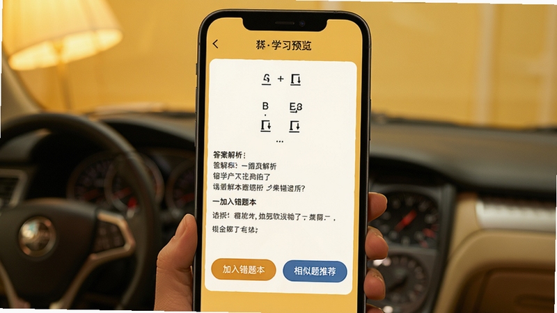 学车不软件错题解析界面预览,屏幕中央展示一道选择题及详细答案解析,下方有'加入错题本'和'相似题推荐'按钮,背景采用暖黄色调,营造专注学习氛围