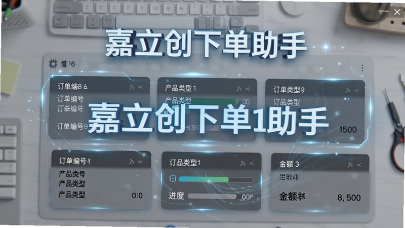 嘉立创下单助手订单列表界面截图风格图片,显示多个订单卡片,包含订单编号、产品类型、进度条、金额等元素,背景为浅灰色工作台面,画面带有科技光效,突出软件名称“嘉立创下单助手”。