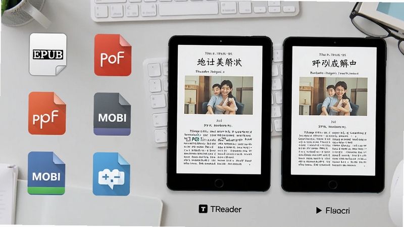 һ��TReader�Ķ����������ֵ������ʽ�Ĺ���չʾͼ���������������EPUB��PDF��MOBI�ȸ�ʽͼ�꣬�Ҳ���ͬһ�����ڲ�ͬ��ʽ�µ�������ʾЧ���Աȣ�����Ϊǳ��ɫ����̨�����дʵ��ͻ������ǿ��ļ�����