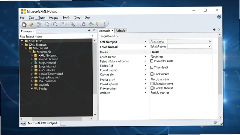 创作一幅现代化软件界面预览图,画面主体是Microsoft XML Notepad的运行窗口,左侧为深色树形目录结构,右侧为浅色属性面板,背景为柔和的渐变蓝色科技感氛围,整体风格简洁明亮,突出软件的专业性与易用性