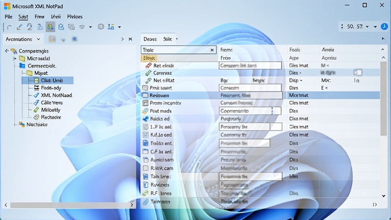 Microsoft XML Notepad预览图,展示软件主界面双窗格布局,左侧树形结构选中一个节点,右侧属性表高亮显示对应字段,界面采用Windows 11风格半透明效果,整体画面清晰明亮