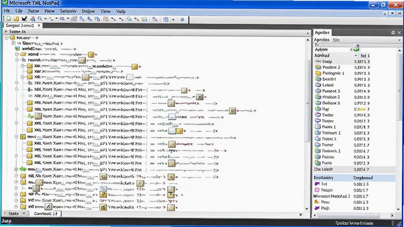 Microsoft XML Notepad运行截图,显示打开一个大型XML文件后的界面,树形节点密密麻麻但排列整齐,右侧属性区滚动显示,画面突出软件处理大数据量的高效性能