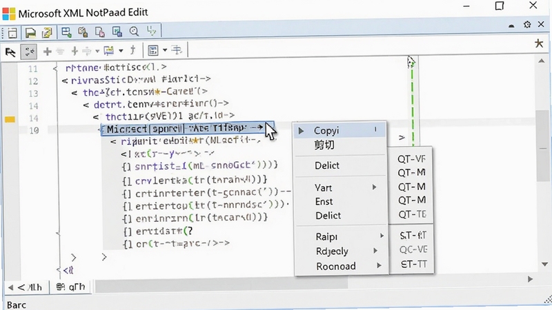 Microsoft XML Notepad编辑截图,画面中鼠标指针悬停在某个节点上,右键弹出上下文菜单,菜单项包含复制、剪切、删除等选项,背景为代码编辑器风格,突出操作便捷性