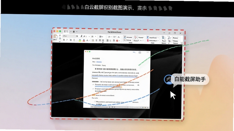 白云截屏助手智能识别窗口边缘的截图过程演示图,画面上有红色虚线框自动吸附住一个打开的文档窗口,鼠标指针旁有智能提示标签,背景色彩柔和
