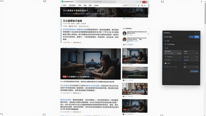 白云截屏助手滚动截屏功能效果图,展示一张从网页顶部一直延伸到底部的完整长截图,图片内容为图文混排的新闻资讯页面,右侧有软件设置悬浮窗