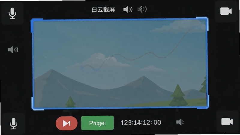 白云截屏助手屏幕录制功能操作界面,显示一个蓝色的录制框选区域,下方有开始录制按钮和时间码,周边有麦克风音量和摄像头图标点缀