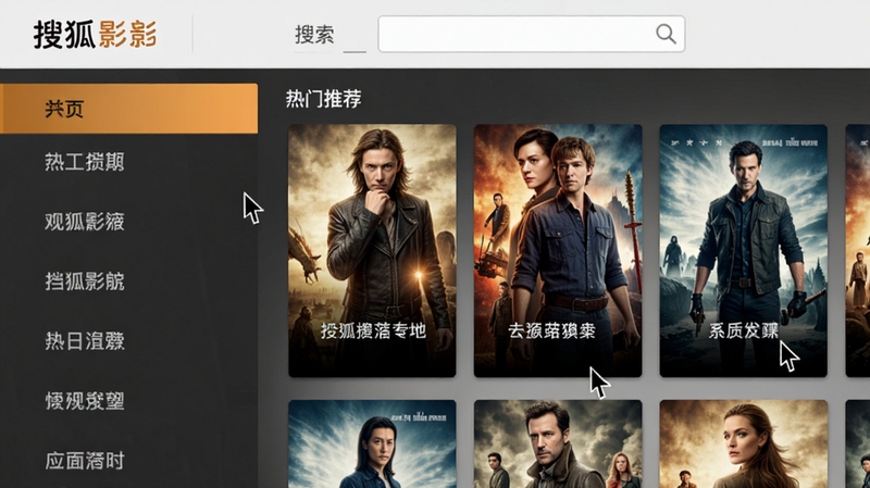 搜狐影音主界面截图,左侧为分类导航,右侧展示推荐电影海报墙,界面设计简洁现代,搜索框位于顶部,鼠标光标悬停在热门电影上。