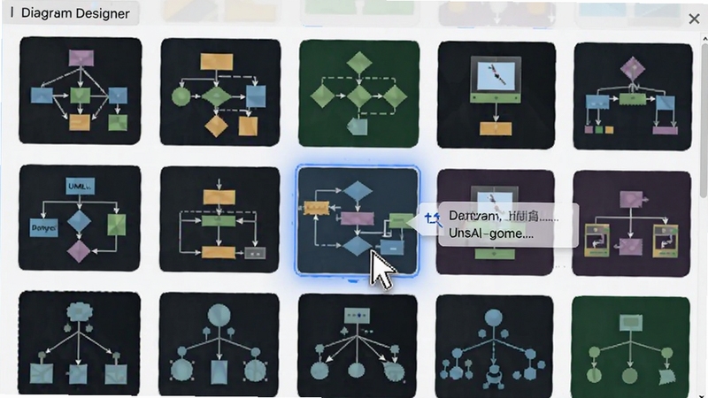 Diagram Designer 图形模板库界面特写,展示流程图、UML、网络拓扑等多个分类的图形缩略图,鼠标悬停在某个图形上,高亮显示并出现功能提示,画面色彩丰富,元素排列整齐,体现软件素材的丰富性。