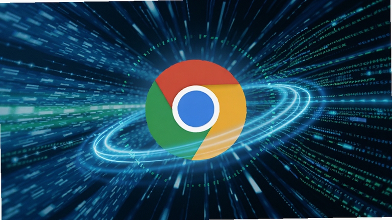 谷歌浏览器稳定版性能加速概念图,画面以抽象数字线条构成的高速通道为背景,中央是谷歌浏览器图标,周围环绕流畅的光效和数据流,表现极速加载与高效处理能力,整体色调明亮,蓝色和绿色为主,突显科技感
