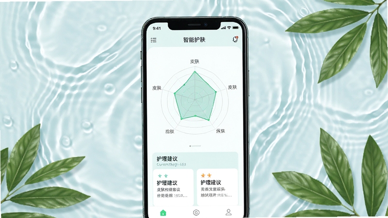 CurrentBody Skin 功能全景预览图,画面中央为智能手机展示软件主界面,界面显示皮肤检测雷达图与护理建议卡片,背景为淡雅的水波纹与绿叶元素,整体风格清新自然,突出智能护肤主题