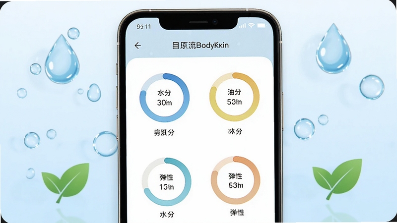 CurrentBody Skin 智能皮肤检测功能演示图,手机屏幕显示皮肤分析结果页面,包含水分、油分、弹性等指标圆形图表,背景为浅蓝色渐变,四周点缀水滴与绿叶图标,画面简洁明亮