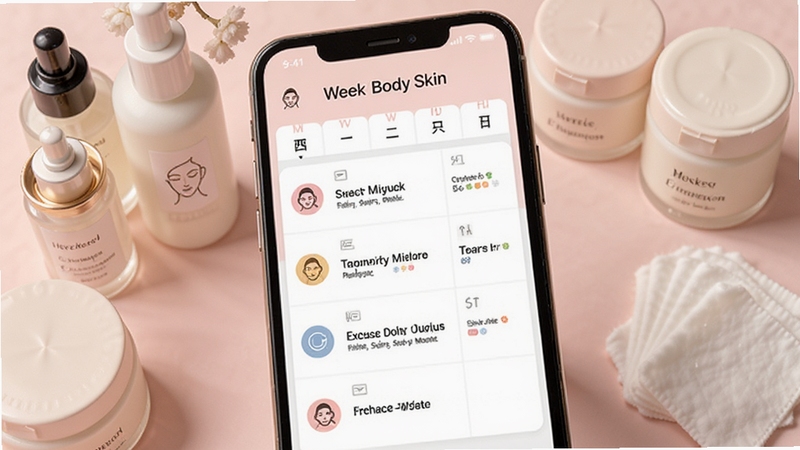 CurrentBody Skin 个性化护理计划界面预览,画面展示手机中一周护理计划日历,每天步骤用彩色小图标标注,背景为柔和粉色系,搭配护肤瓶罐与棉片元素,整体温馨实用