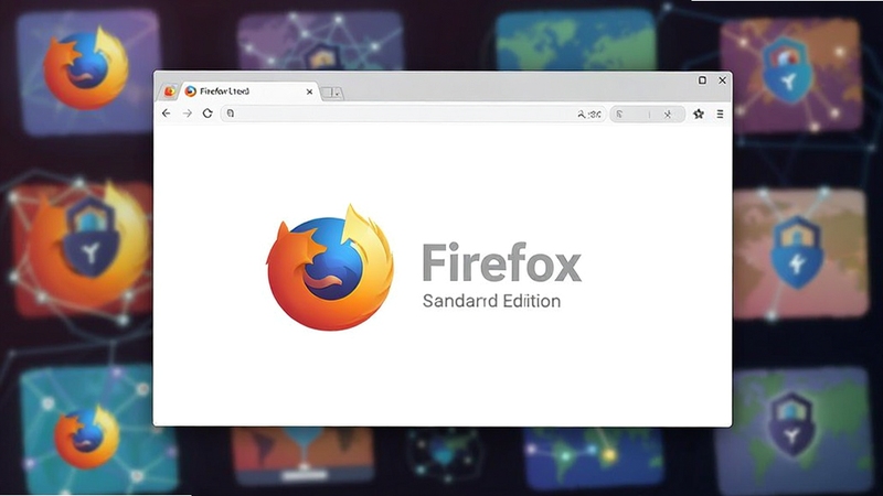 Firefox 标准版浏览器主界面预览图,画面主体为浏览器窗口占据屏幕中央,背景区域为模糊化的多彩网络世界元素,整体风格简洁明亮,突出浏览器的高速与安全特性,图片比例为16:9
