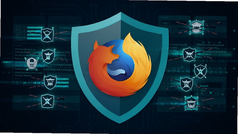 Firefox 标准版隐私保护功能示意图,画面主体为盾牌图标包裹着浏览器标识,背景区域为被拦截的追踪器数据流视觉化图像,采用蓝绿色科技感配色,强调安全防护效果