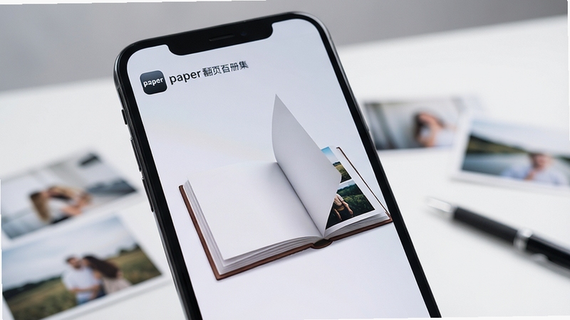 一张智能手机屏幕特写,屏幕上正展示paper翻页相册集的主界面,界面中央是一本翻开的电子相册,页面微微翘起,露出下一张照片的边角,背景是柔和的浅灰色工作室环境,桌面上散落着几张打印出来的照片和一支笔,画面整体明亮、干净,突出软件名称paper翻页相册集的logo位于屏幕左上角,构图以手机为中心,背景虚化,强调相册翻页的立体感与真实感。