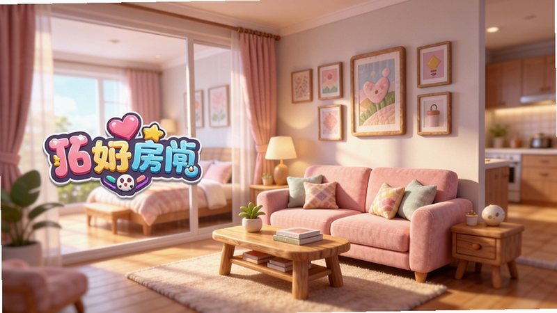 梦幻房间装饰游戏主界面全景预览图,展示温馨明亮的客厅一角,粉色沙发搭配原木茶几,墙面挂有装饰画,落地窗外透进温暖阳光,整体色调柔和,3D渲染风格,细节丰富,画面中央偏左放置游戏名称LOGO,背景为虚化的卧室与厨房区域,适合用于游戏介绍头图