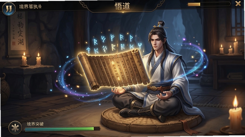 展示游戏内“悟道”界面,一位修士盘膝坐在蒲团上,面前悬浮着散发着柔和光芒的古老竹简与神秘符文,周围环绕着流动的灵气粒子。画面背景是幽静的洞府,有烛火摇曳。突出“执剑启程,闯出属于你的修真江湖!”的深度修行氛围。画面细节丰富,光线层次分明,采用游戏UI风格,清晰展示境界突破的进度与特效。